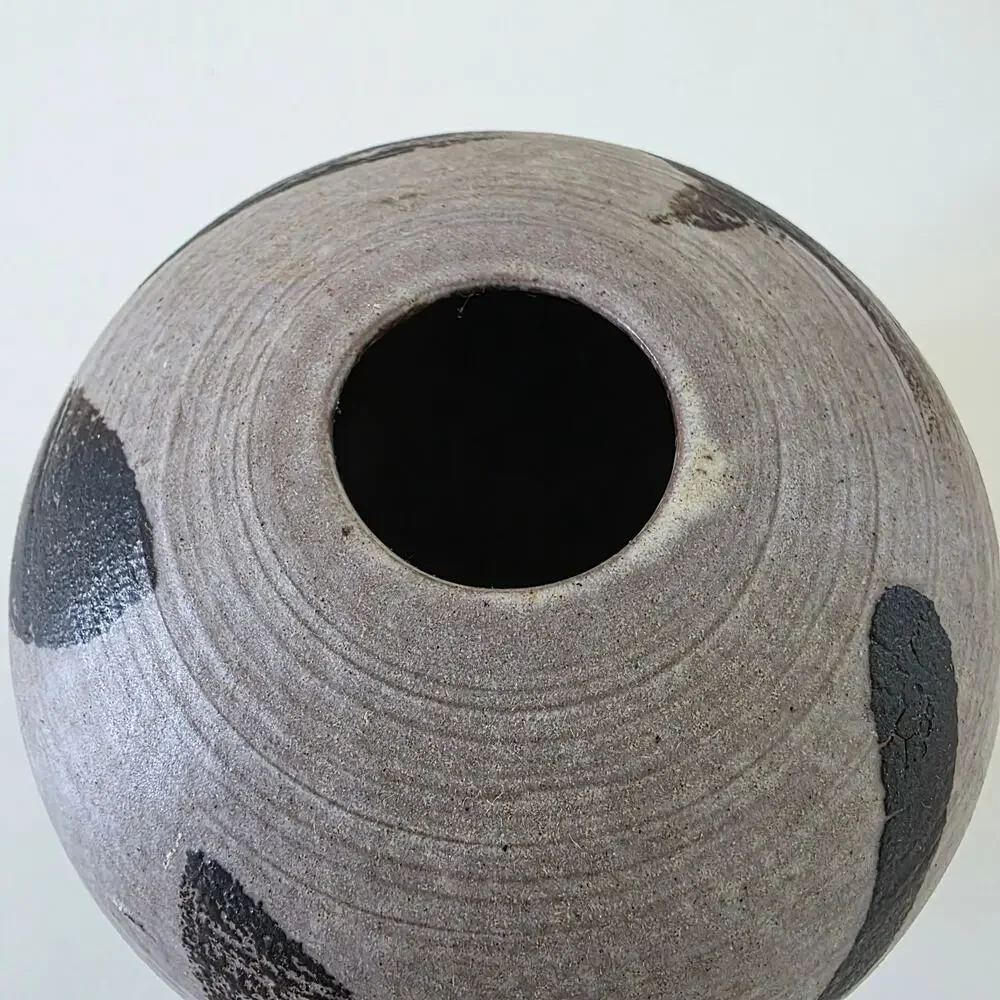 Vintage Studio Pottery Modernist Vase Round Brown Black Brushstroke Design